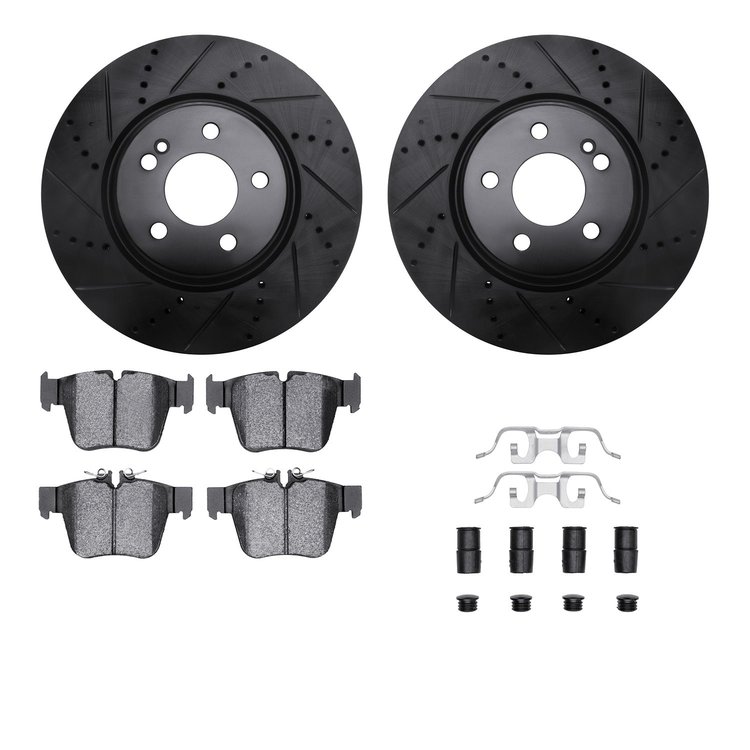 8612-63092 Drilled/Slotted Brake Rotors w/5000 Euro Ceramic Brake Pads Kit & Hardware [Black], Fits Select Mercedes-Benz, Positi