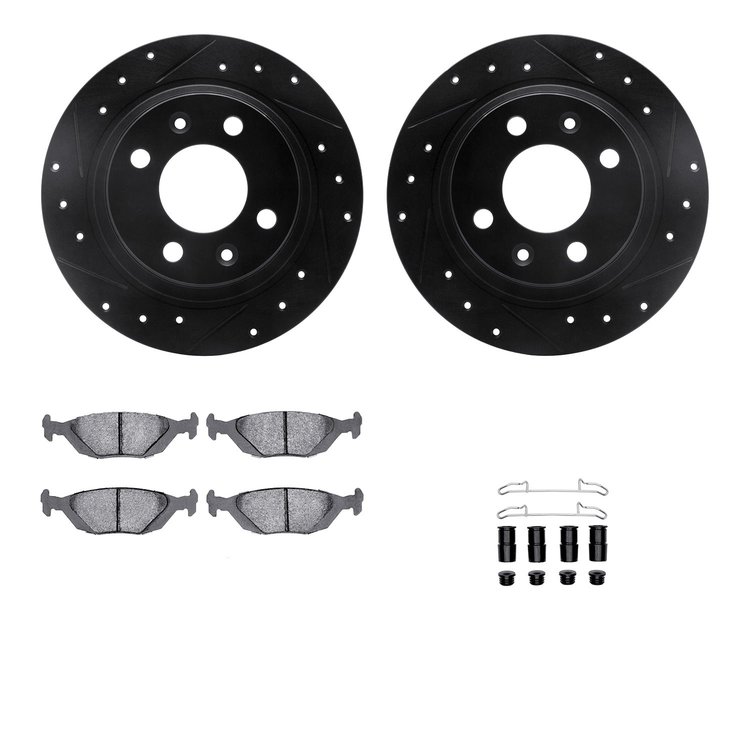 8612-65003 Drilled/Slotted Brake Rotors w/5000 Euro Ceramic Brake Pads Kit & Hardware [Black], 1986-1998 GM, Position: Rear