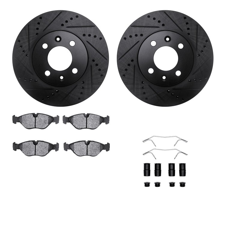 8612-65004 Drilled/Slotted Brake Rotors w/5000 Euro Ceramic Brake Pads Kit & Hardware [Black], 1988-1998 GM, Position: Front