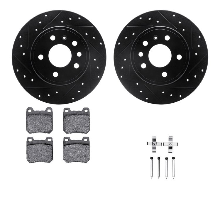 8612-65005 Drilled/Slotted Brake Rotors w/5000 Euro Ceramic Brake Pads Kit & Hardware [Black], 1997-2008 GM, Position: Rear