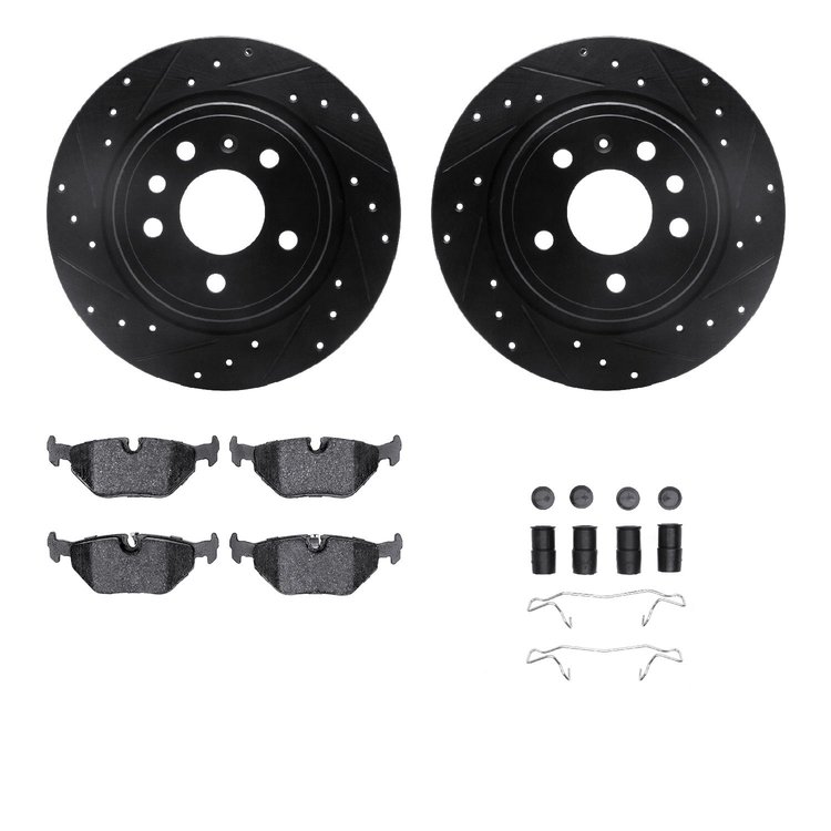 8612-65006 Drilled/Slotted Brake Rotors w/5000 Euro Ceramic Brake Pads Kit & Hardware [Black], 1999-2010 GM, Position: Rear