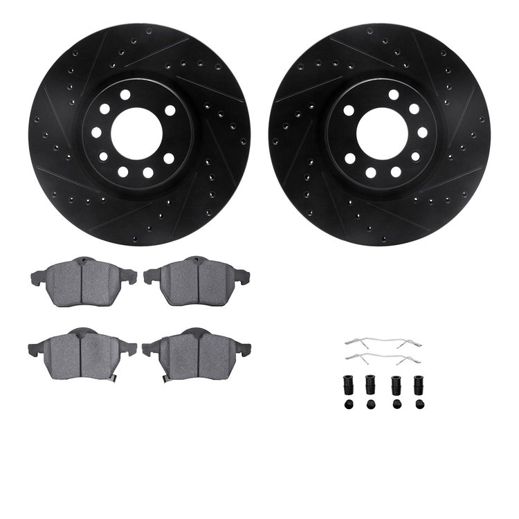 8612-65007 Drilled/Slotted Brake Rotors w/5000 Euro Ceramic Brake Pads Kit & Hardware [Black], 1999-2010 GM, Position: Front