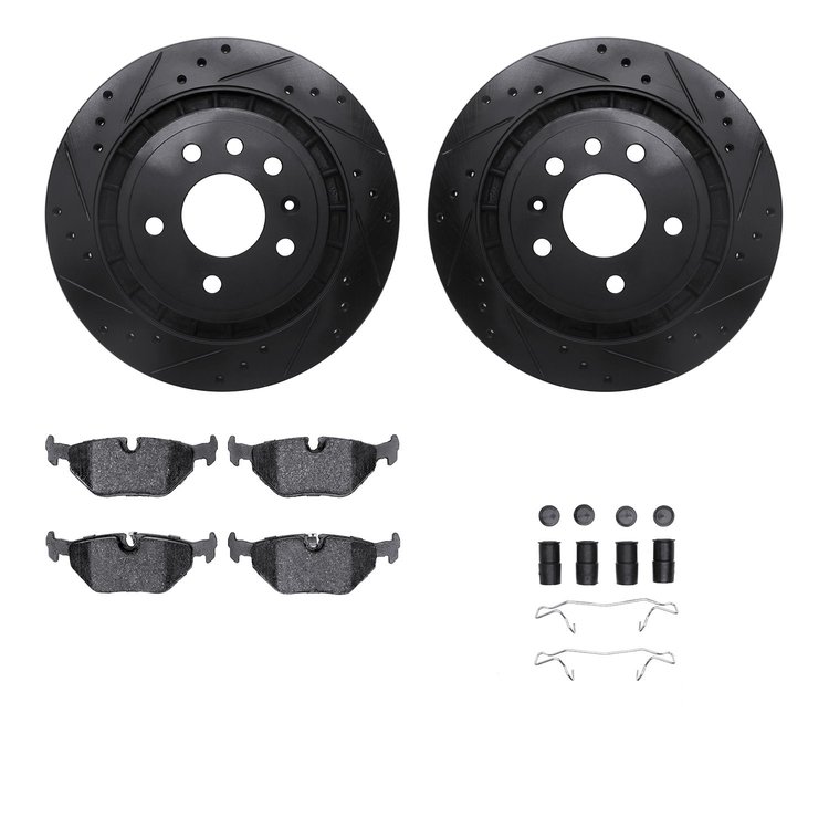 8612-65008 Drilled/Slotted Brake Rotors w/5000 Euro Ceramic Brake Pads Kit & Hardware [Black], 2002-2010 GM, Position: Rear