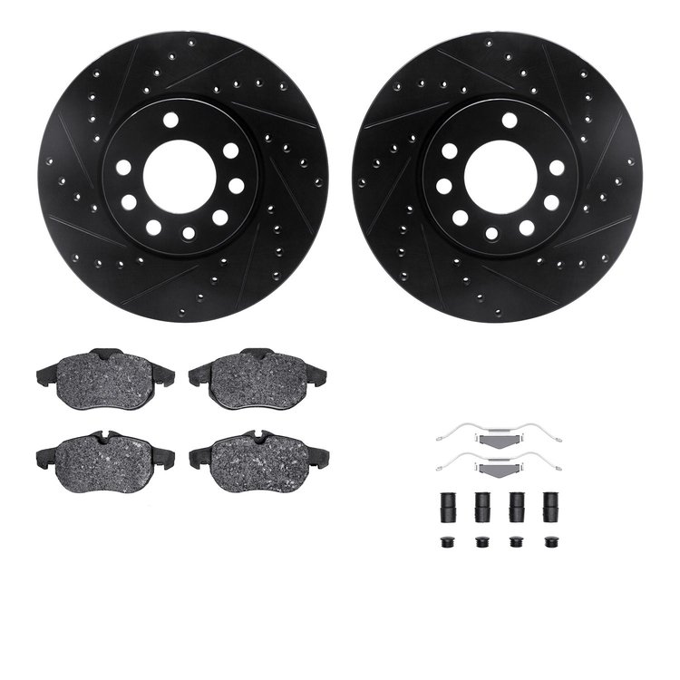 8612-65009 Drilled/Slotted Brake Rotors w/5000 Euro Ceramic Brake Pads Kit & Hardware [Black], 2003-2005 GM, Position: Front