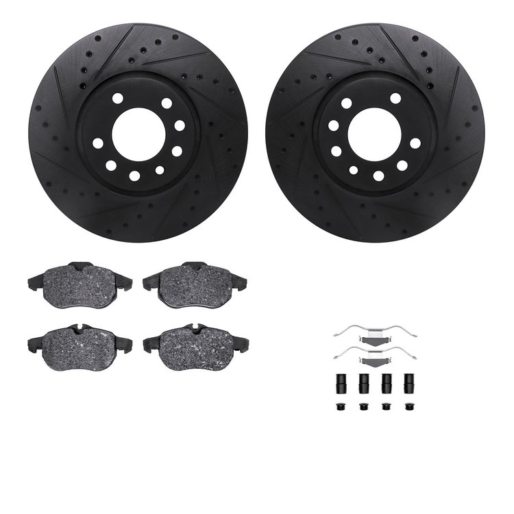 8612-65011 Drilled/Slotted Brake Rotors w/5000 Euro Ceramic Brake Pads Kit & Hardware [Black], 2003-2005 GM, Position: Front