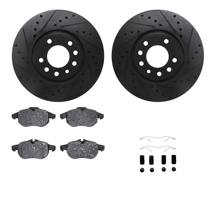 8612-65012 Drilled/Slotted Brake Rotors w/5000 Euro Ceramic Brake Pads Kit & Hardware [Black], 2003-2011 GM, Position: Front