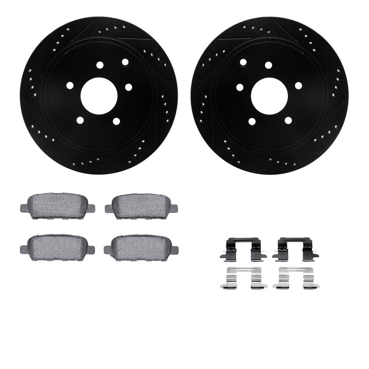 8612-67011 Drilled/Slotted Brake Rotors w/5000 Euro Ceramic Brake Pads Kit & Hardware [Black], Fits Select Infiniti/Nissan, Posi