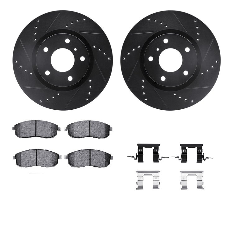 8612-68000 Drilled/Slotted Brake Rotors w/5000 Euro Ceramic Brake Pads Kit & Hardware [Black], 2003-2005 Infiniti/Nissan, Positi