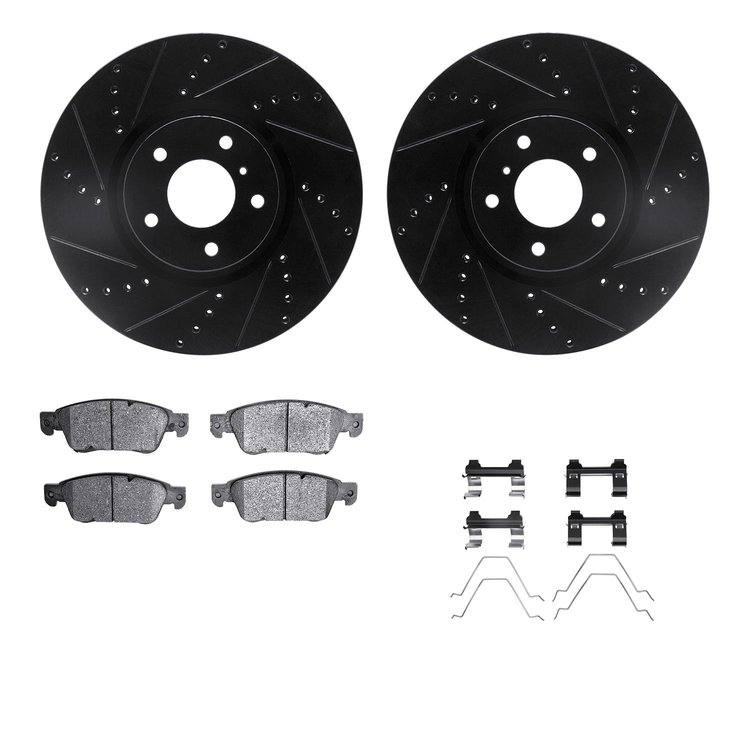 8612-68004 Drilled/Slotted Brake Rotors w/5000 Euro Ceramic Brake Pads Kit & Hardware [Black], 2007-2015 Infiniti/Nissan, Positi