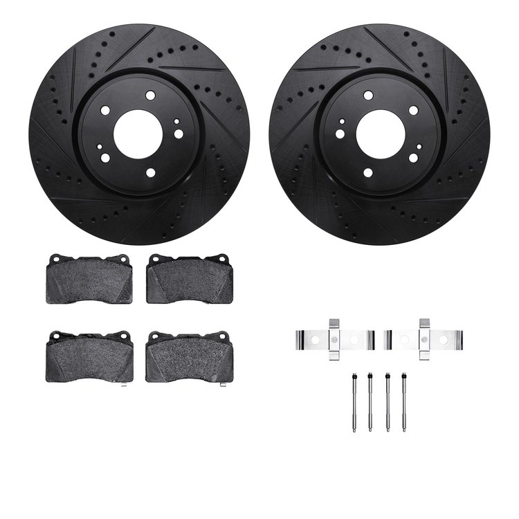 8612-72000 Drilled/Slotted Brake Rotors w/5000 Euro Ceramic Brake Pads Kit & Hardware [Black], 2003-2006 Mitsubishi, Position: F