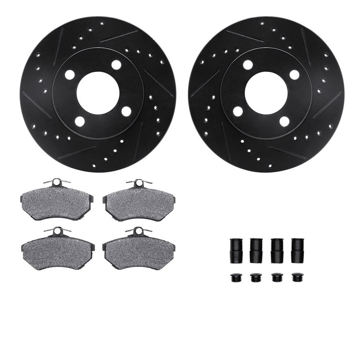 8612-73001 Drilled/Slotted Brake Rotors w/5000 Euro Ceramic Brake Pads Kit & Hardware [Black], 1988-1992 Audi/Volkswagen, Positi