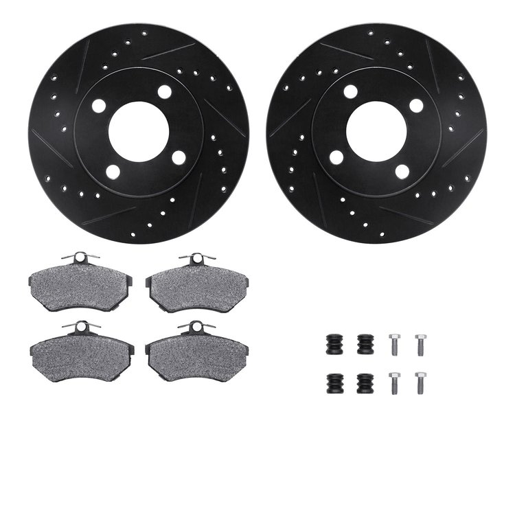 8612-73002 Drilled/Slotted Brake Rotors w/5000 Euro Ceramic Brake Pads Kit & Hardware [Black], 1980-1992 Audi/Volkswagen, Positi