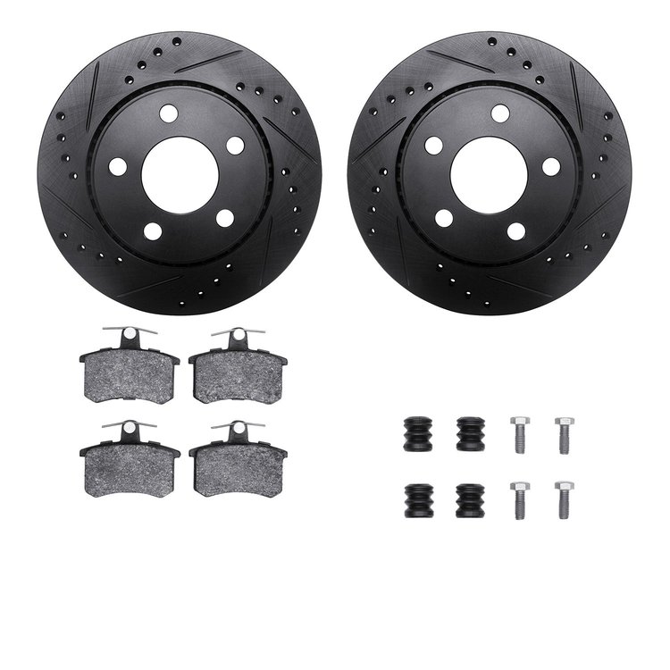 8612-73003 Drilled/Slotted Brake Rotors w/5000 Euro Ceramic Brake Pads Kit & Hardware [Black], 1986-1991 Audi/Volkswagen, Positi