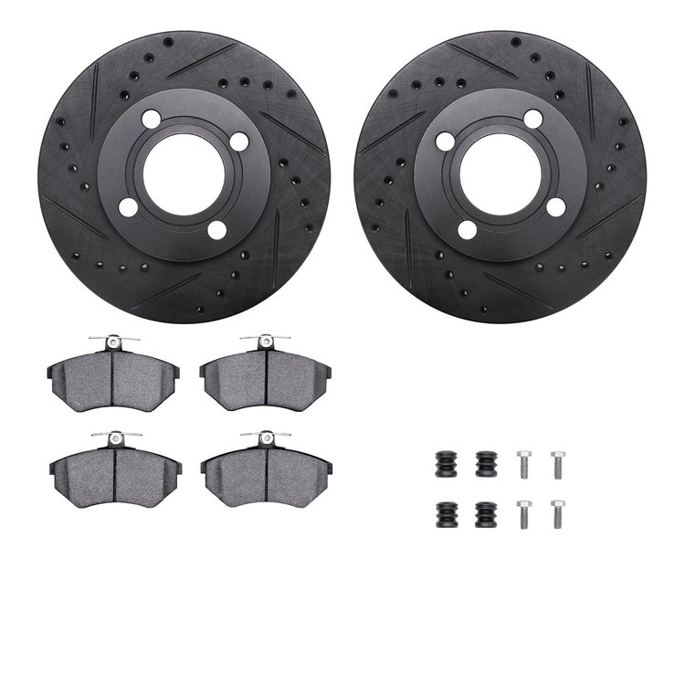 8612-73007 Drilled/Slotted Brake Rotors w/5000 Euro Ceramic Brake Pads Kit & Hardware [Black], 1984-1987 Audi/Volkswagen, Positi