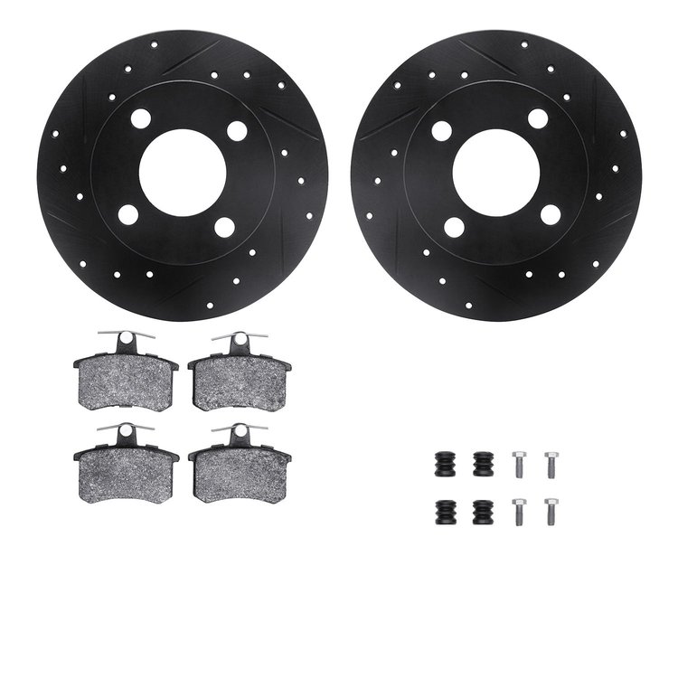 8612-73012 Drilled/Slotted Brake Rotors w/5000 Euro Ceramic Brake Pads Kit & Hardware [Black], 1989-1991 Audi/Volkswagen, Positi