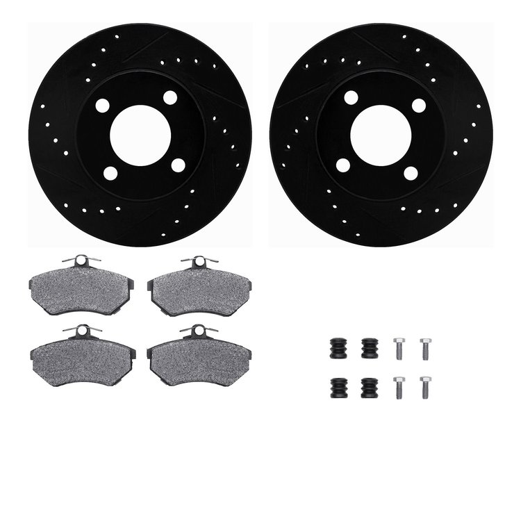 8612-73016 Drilled/Slotted Brake Rotors w/5000 Euro Ceramic Brake Pads Kit & Hardware [Black], 1990-1991 Audi/Volkswagen, Positi