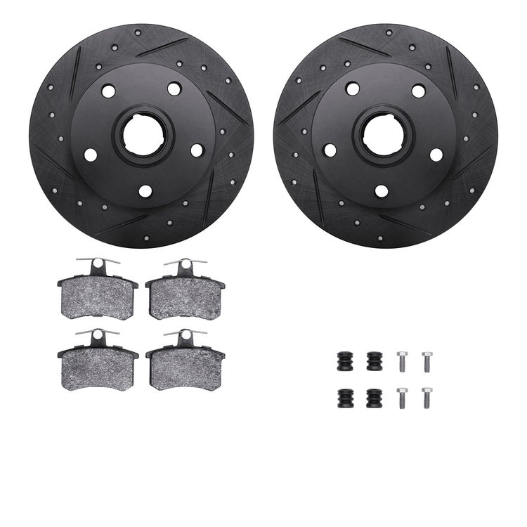 8612-73017 Drilled/Slotted Brake Rotors w/5000 Euro Ceramic Brake Pads Kit & Hardware [Black], 1996-1997 Audi/Volkswagen, Positi