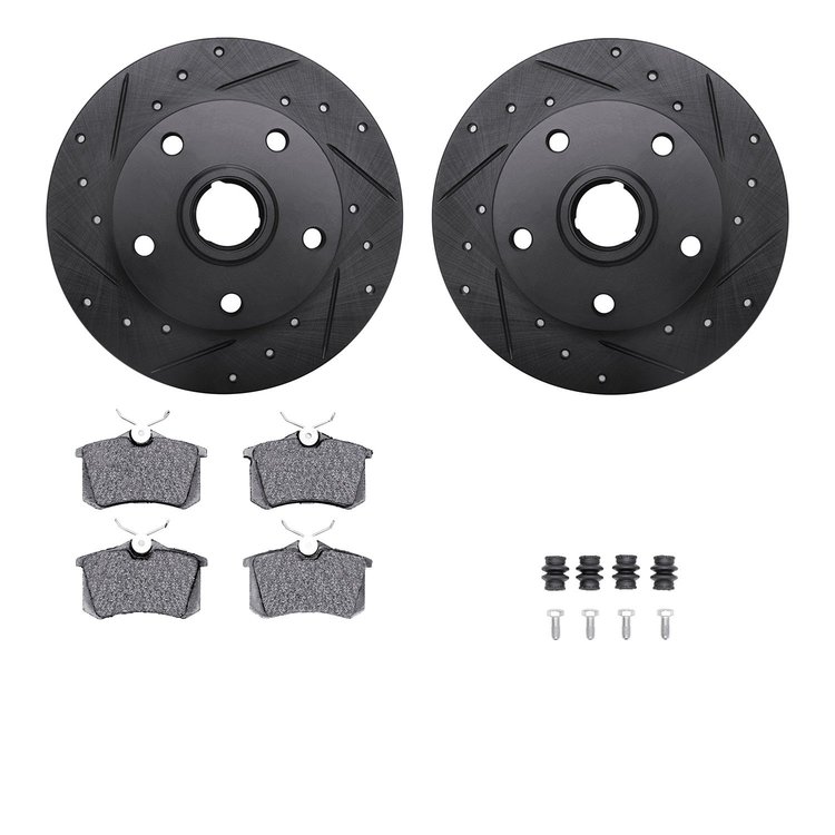 8612-73019 Drilled/Slotted Brake Rotors w/5000 Euro Ceramic Brake Pads Kit & Hardware [Black], 1997-2001 Audi/Volkswagen, Positi