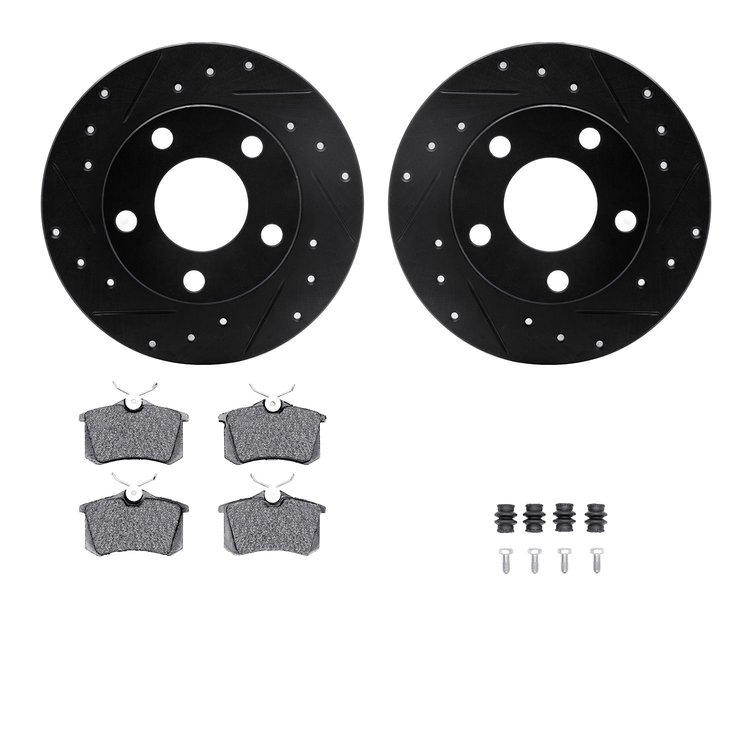 8612-73020 Drilled/Slotted Brake Rotors w/5000 Euro Ceramic Brake Pads Kit & Hardware [Black], 1998-1998 Audi/Volkswagen, Positi