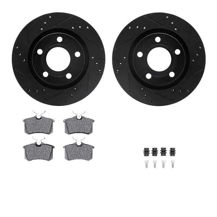 8612-73022 Drilled/Slotted Brake Rotors w/5000 Euro Ceramic Brake Pads Kit & Hardware [Black], 2000-2003 Audi/Volkswagen, Positi