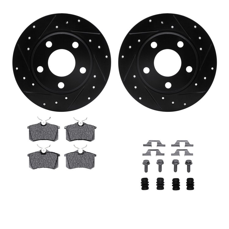 8612-73023 Drilled/Slotted Brake Rotors w/5000 Euro Ceramic Brake Pads Kit & Hardware [Black], 1999-2002 Audi/Volkswagen, Positi