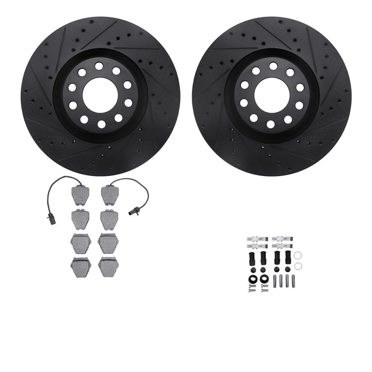 8612-73025 Drilled/Slotted Brake Rotors w/5000 Euro Ceramic Brake Pads Kit & Hardware [Black], 1999-2004 Audi/Volkswagen, Positi