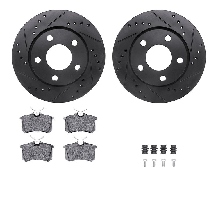 8612-73026 Drilled/Slotted Brake Rotors w/5000 Euro Ceramic Brake Pads Kit & Hardware [Black], 2000-2002 Audi/Volkswagen, Positi