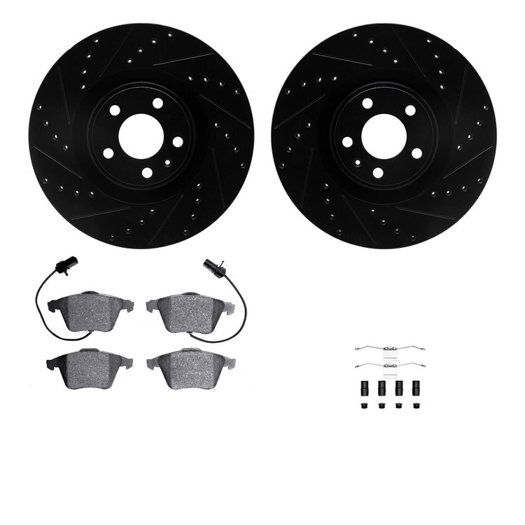 8612-73028 Drilled/Slotted Brake Rotors w/5000 Euro Ceramic Brake Pads Kit & Hardware [Black], 2004-2009 Audi/Volkswagen, Positi