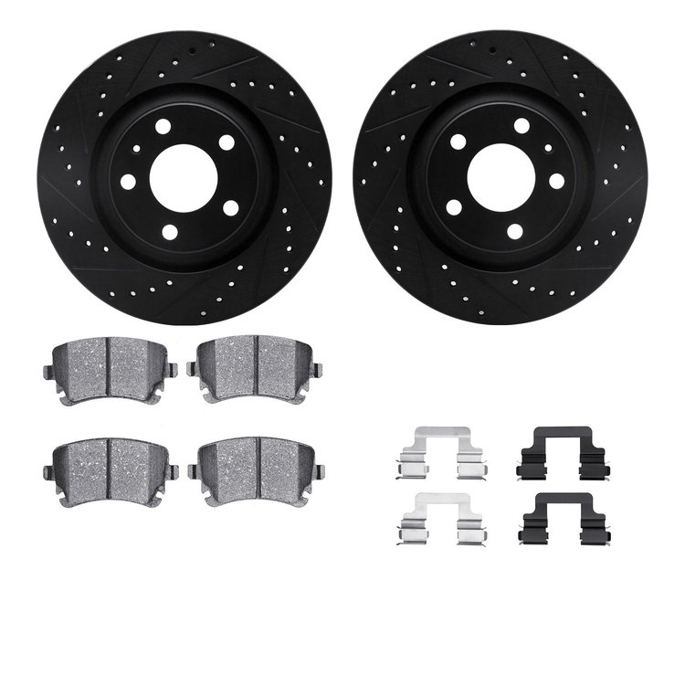 8612-73029 Drilled/Slotted Brake Rotors w/5000 Euro Ceramic Brake Pads Kit & Hardware [Black], 2004-2009 Audi/Volkswagen, Positi