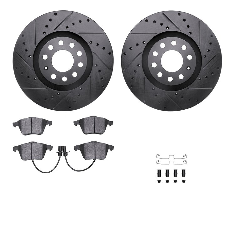 8612-73032 Drilled/Slotted Brake Rotors w/5000 Euro Ceramic Brake Pads Kit & Hardware [Black], 2001-2005 Audi/Volkswagen, Positi