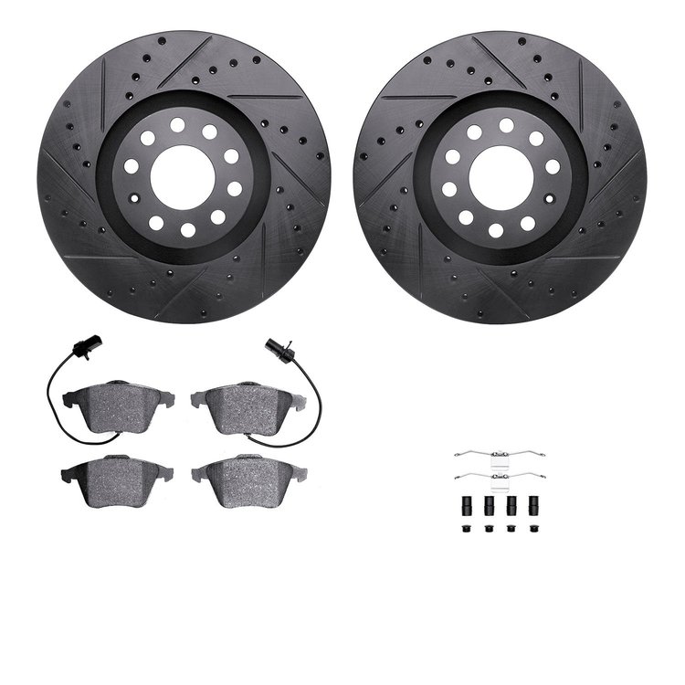8612-73033 Drilled/Slotted Brake Rotors w/5000 Euro Ceramic Brake Pads Kit & Hardware [Black], 2000-2009 Audi/Volkswagen, Positi