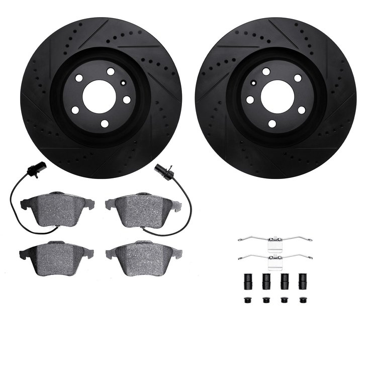 8612-73035 Drilled/Slotted Brake Rotors w/5000 Euro Ceramic Brake Pads Kit & Hardware [Black], 2005-2011 Audi/Volkswagen, Positi