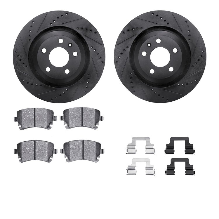 8612-73036 Drilled/Slotted Brake Rotors w/5000 Euro Ceramic Brake Pads Kit & Hardware [Black], 2005-2011 Audi/Volkswagen, Positi
