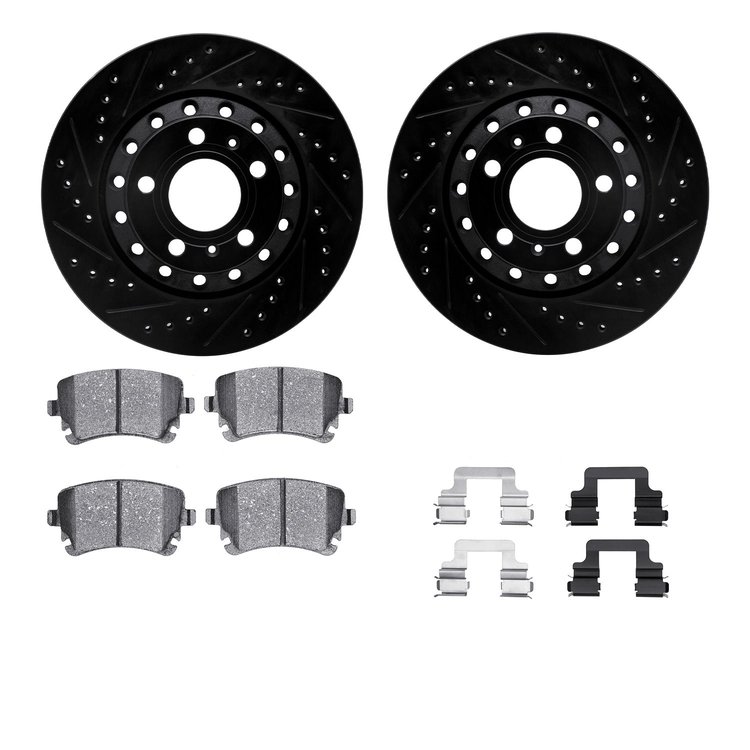 8612-73037 Drilled/Slotted Brake Rotors w/5000 Euro Ceramic Brake Pads Kit & Hardware [Black], 2004-2010 Audi/Volkswagen, Positi