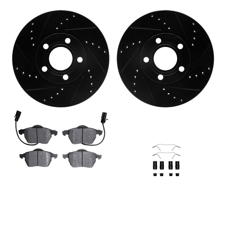 8612-73038 Drilled/Slotted Brake Rotors w/5000 Euro Ceramic Brake Pads Kit & Hardware [Black], 1998-2008 Audi/Volkswagen, Positi