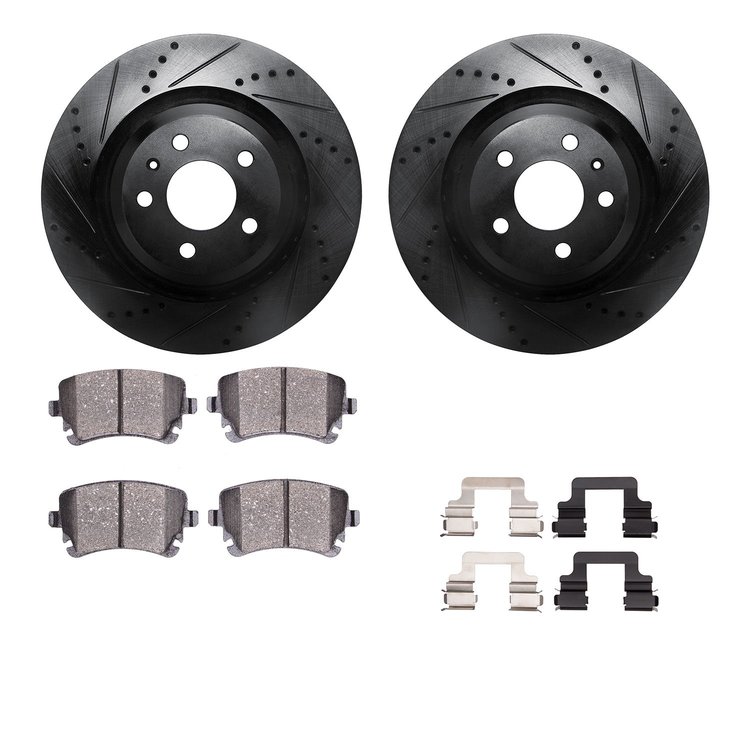 8612-73045 Drilled/Slotted Brake Rotors w/5000 Euro Ceramic Brake Pads Kit & Hardware [Black], 2007-2011 Audi/Volkswagen, Positi