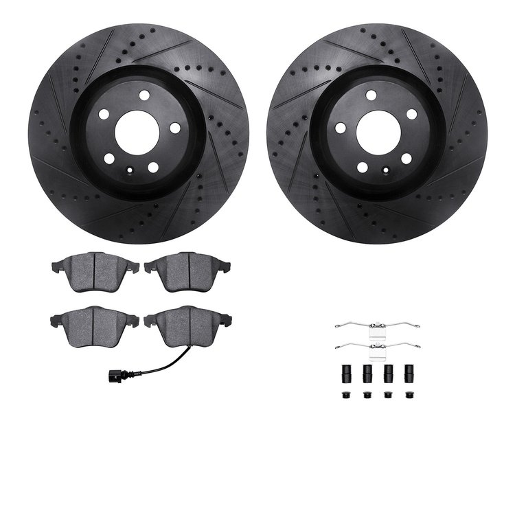 8612-73047 Drilled/Slotted Brake Rotors w/5000 Euro Ceramic Brake Pads Kit & Hardware [Black], 2008-2011 Audi/Volkswagen, Positi