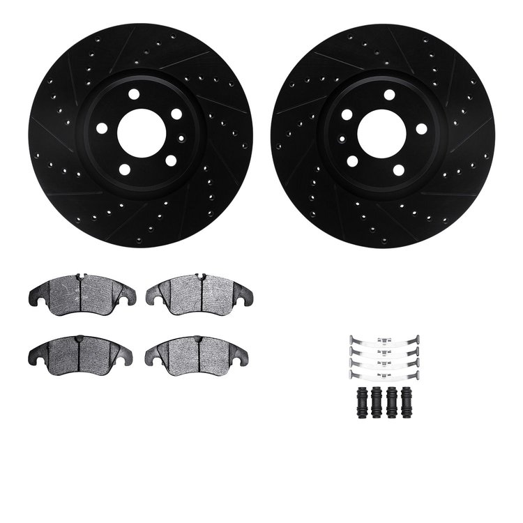 8612-73053 Drilled/Slotted Brake Rotors w/5000 Euro Ceramic Brake Pads Kit & Hardware [Black], 2012-2017 Audi/Volkswagen, Positi