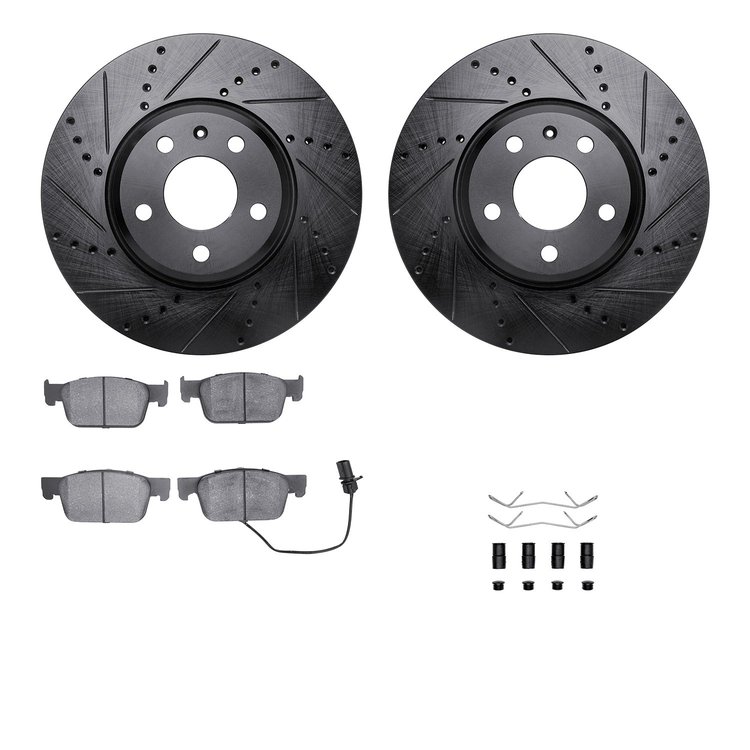 8612-73064 Drilled/Slotted Brake Rotors w/5000 Euro Ceramic Brake Pads Kit & Hardware [Black], Fits Select Audi/Volkswagen, Posi