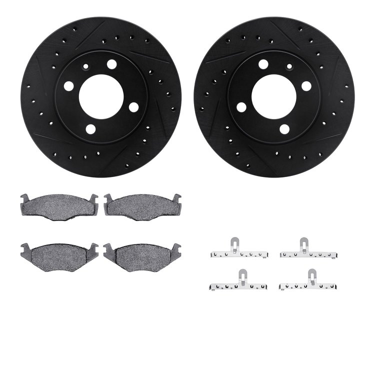 8612-74002 Drilled/Slotted Brake Rotors w/5000 Euro Ceramic Brake Pads Kit & Hardware [Black], 1984-1993 Audi/Volkswagen, Positi