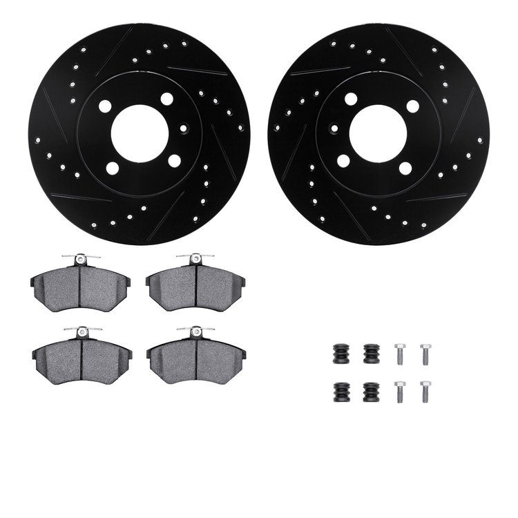 8612-74006 Drilled/Slotted Brake Rotors w/5000 Euro Ceramic Brake Pads Kit & Hardware [Black], 1986-2002 Audi/Volkswagen, Positi