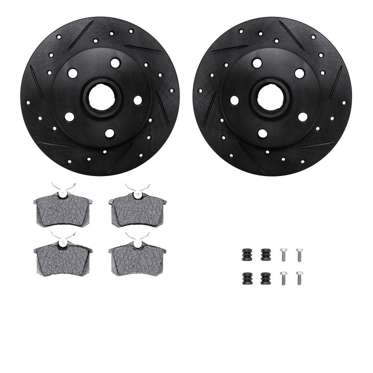 8612-74010 Drilled/Slotted Brake Rotors w/5000 Euro Ceramic Brake Pads Kit & Hardware [Black], 1994-1998 Audi/Volkswagen, Positi