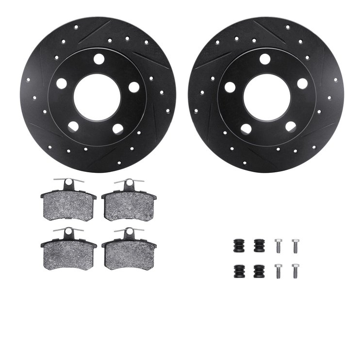 8612-74011 Drilled/Slotted Brake Rotors w/5000 Euro Ceramic Brake Pads Kit & Hardware [Black], 1992-1998 Audi/Volkswagen, Positi