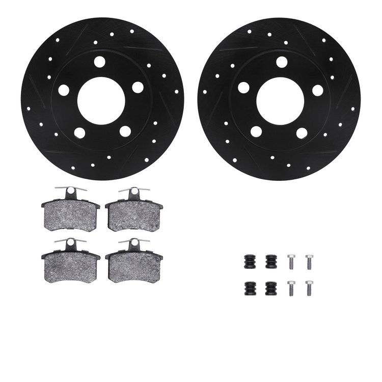 8612-74016 Drilled/Slotted Brake Rotors w/5000 Euro Ceramic Brake Pads Kit & Hardware [Black], 1996-2001 Audi/Volkswagen, Positi