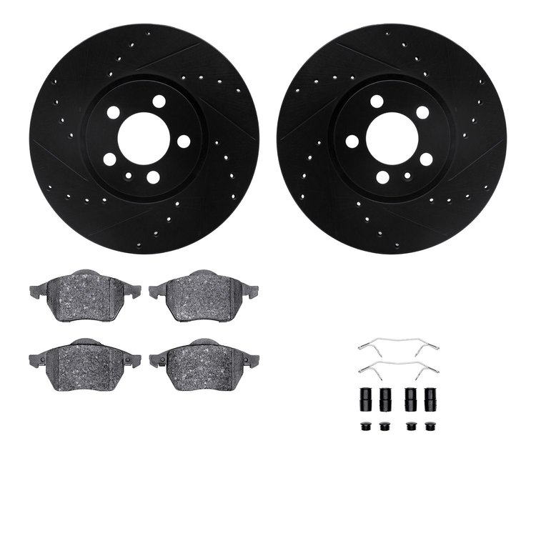 8612-74017 Drilled/Slotted Brake Rotors w/5000 Euro Ceramic Brake Pads Kit & Hardware [Black], 1996-1998 Audi/Volkswagen, Positi