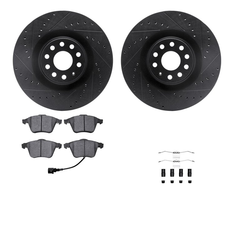 8612-74034 Drilled/Slotted Brake Rotors w/5000 Euro Ceramic Brake Pads Kit & Hardware [Black], 2008-2013 Audi/Volkswagen, Positi