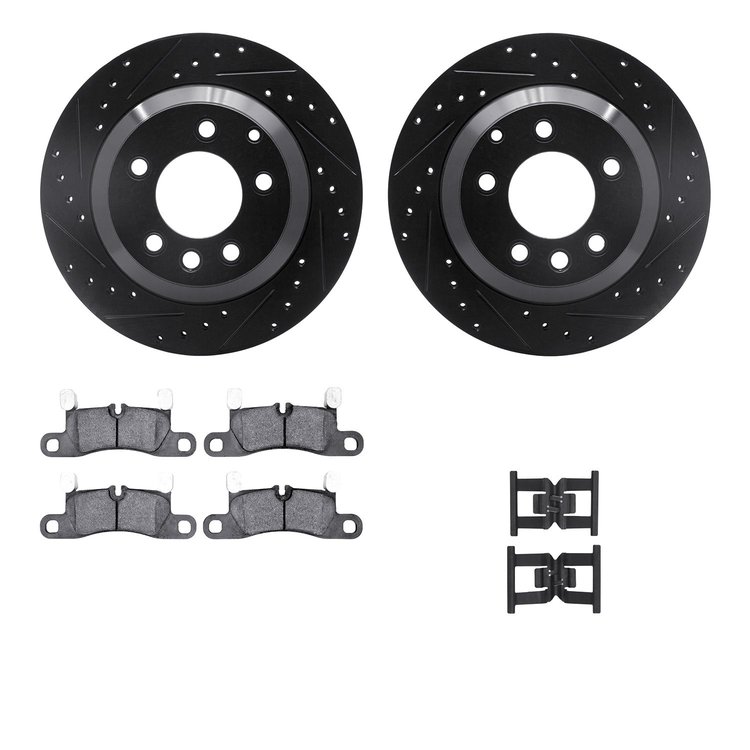 8612-74047 Drilled/Slotted Brake Rotors w/5000 Euro Ceramic Brake Pads Kit & Hardware [Black], 2011-2018 Multiple Makes/Models, 