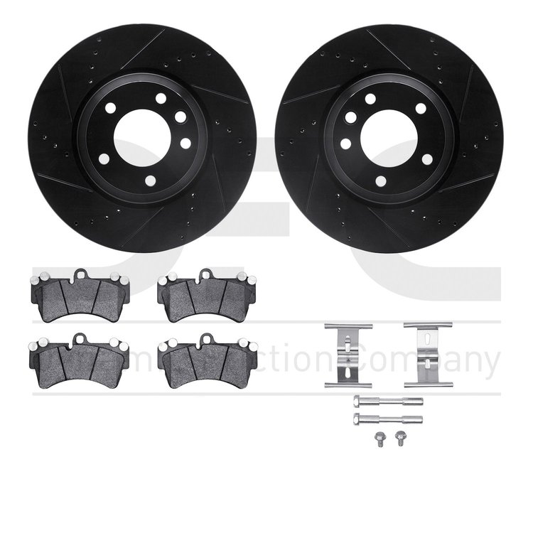 8612-74050 Drilled/Slotted Brake Rotors w/5000 Euro Ceramic Brake Pads Kit & Hardware [Black], 2003-2015 Multiple Makes/Models, 