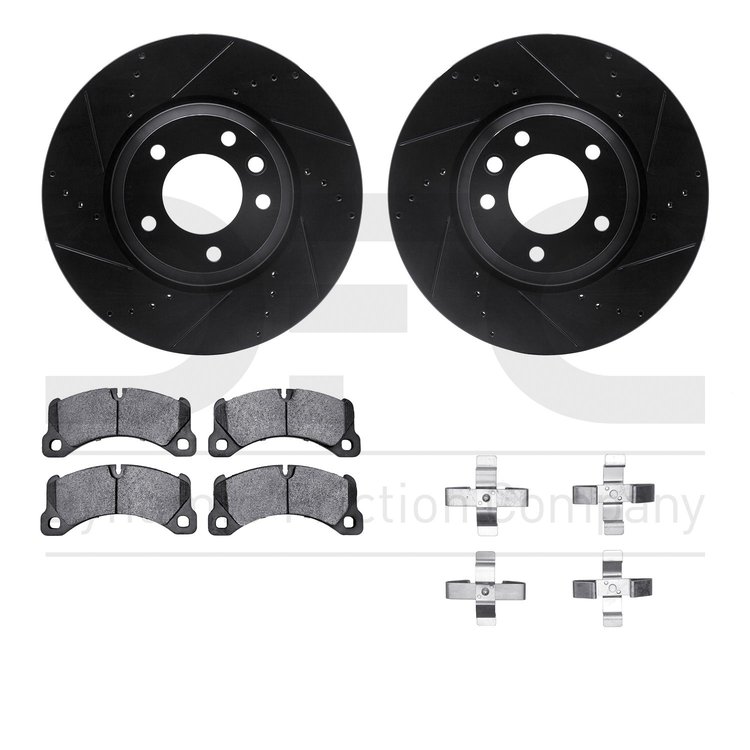 8612-74051 Drilled/Slotted Brake Rotors w/5000 Euro Ceramic Brake Pads Kit & Hardware [Black], 2011-2014 Porsche, Position: Fron