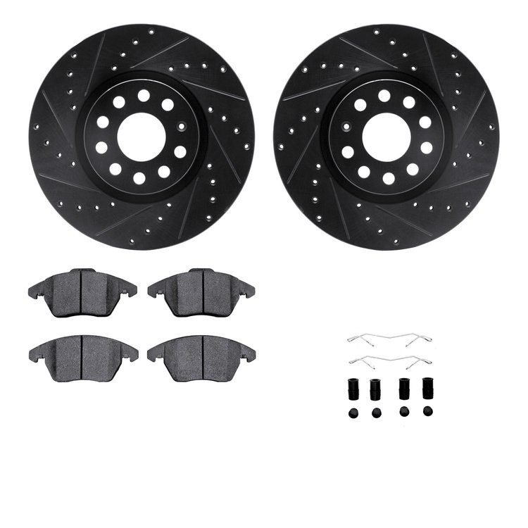 8612-74054 Drilled/Slotted Brake Rotors w/5000 Euro Ceramic Brake Pads Kit & Hardware [Black], 2005-2018 Audi/Volkswagen, Positi